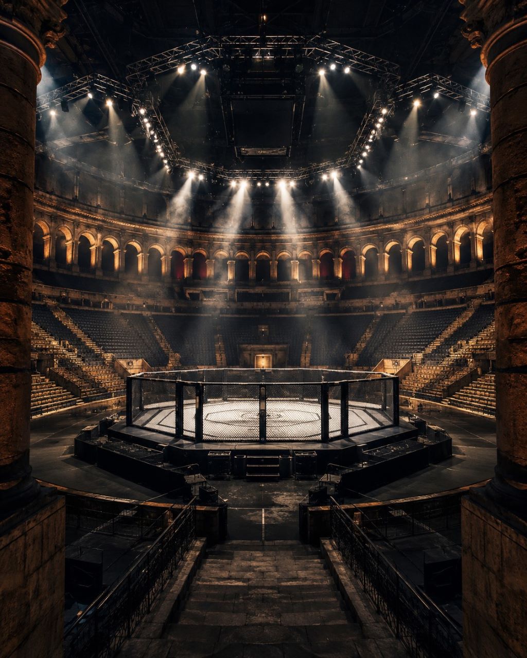 Boxing ring under dramatic spotlights
